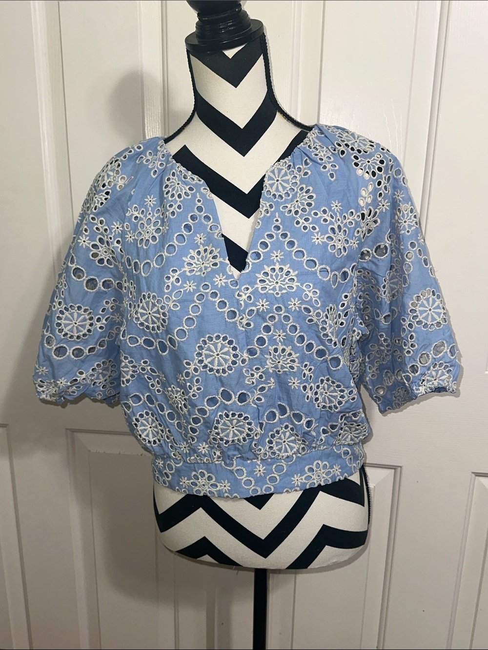 NVLT Blue Eyelet Embroidered V-Neck Women's Top